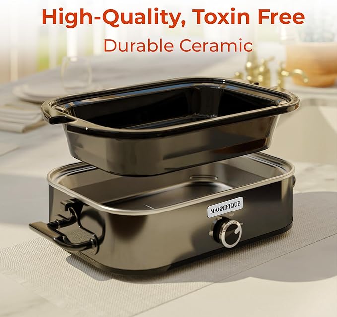 [NEW] MAGNIFIQUE 4-Quart Slow Cooker with Casserole Manual Warm Setting - Perfect Kitchen Small Appliance for Family Dinners, Dishwasher Safe Crock, Stainless Stee