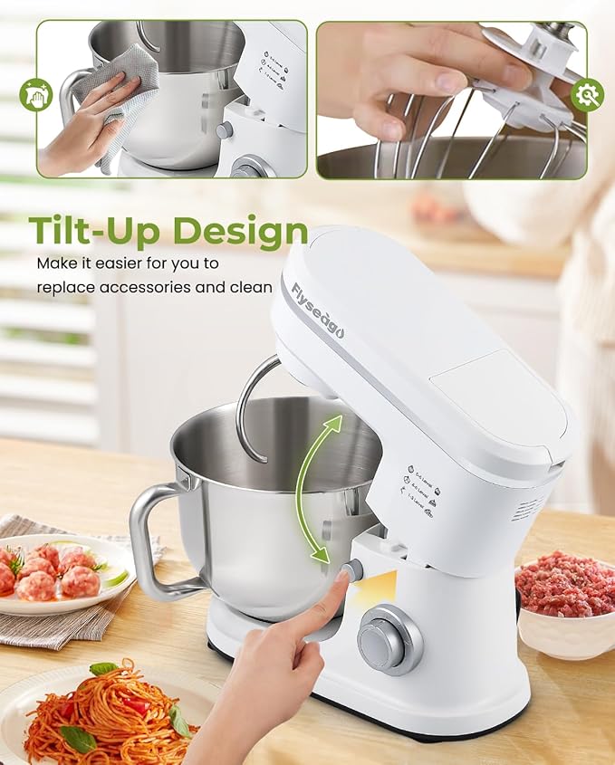 Stand Mixer 7-IN-1 1500W 6.5 QT Multifunctional Electric Kitchen Mixer 6+P Speed Tilt-Head with Stainless Steel Bowl&Handle, 1.5L Glass Jar, Meat Grinder, Dough Hook, Whisk, Pasta Attachments