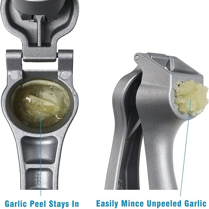 Garlic Press, Garlic Mincer Easy-squeeze Ergonomic Handle, Rust Proof, No Need To Peel, Professional Ginger Press & Garlic Crusher with Handy Cleaning Brush- Dishwasher Safe