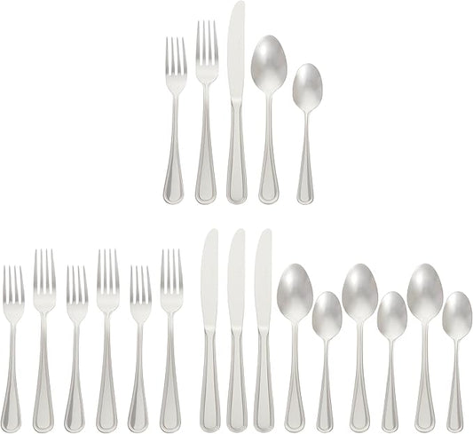Amazon Basics Silverware Set, Stainless Steel Flatware, Dishwasher Safe, Service for 4, 20-Piece Forks and Spoons, Crown Edge