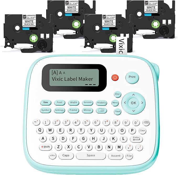 Label Maker, D210S Label Maker Machine with 4 Laminated Tapes, 12mm Labeler Labelmaker with QWERTY Keyboard, Print Different Fonts Frame Barcode for Home Office School, Green