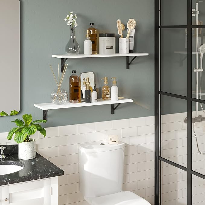 DINZI LVJ Long Wall Shelves, 24 Inch White Floating Shelves Set of 2, Easy-to-Install, Wall Storage Ledges with Sturdy Metal Brackets for Living Room, Bathroom, Bedroom, Kitchen, White