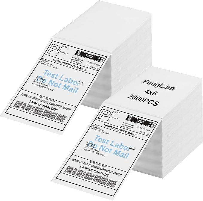 FungLam 4"x6"Thermal Shipping Labels, 2 Pack of 1000 Fanfold Labels, Adhesive Shipping Labels for Zebra,Munbyn,Polono and Rollo Direct Thermal Printer