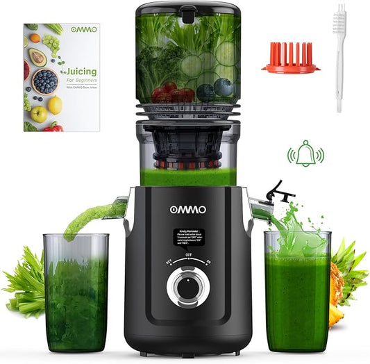OMMO Cold Press Juicer Machines: 5.1" Wide Chute for Whole Fruits & Veggies, BPA Free Slow Juicer Easy Clean, Beep Alert, Slow Masticating Juicers for Moms/Families/Fitness/Juice Life/Healthy Living