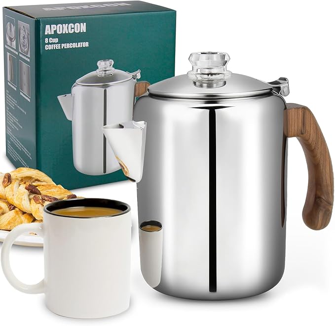 Coffee Percolator Pot Stainless Steel Coffee Maker with Tough Glass Knob & Fireproof Solid Wood Handle & Drip-Free Spout Camping Coffee Pot Using on any Stovetop NO Aluminum NO Plastic (8 Cup)
