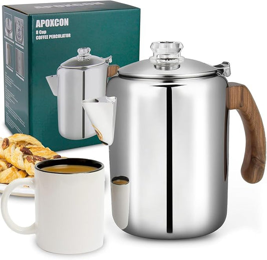 Coffee Percolator Pot Stainless Steel Coffee Maker with Tough Glass Knob & Fireproof Solid Wood Handle & Drip-Free Spout Camping Coffee Pot Using on any Stovetop NO Aluminum NO Plastic (8 Cup)