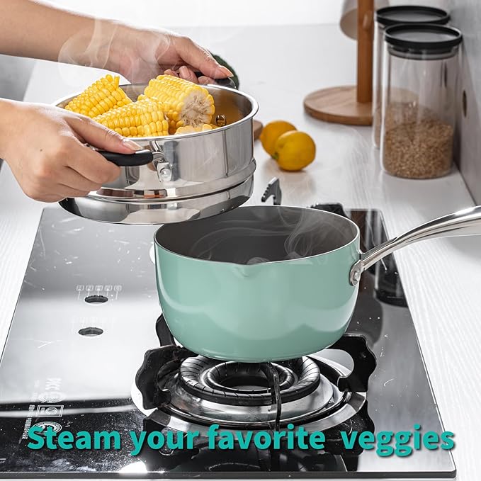 Ceramic Nonstick Tri-Ply Stainless Steel Sauce Pan with Steamer,2.5 Quart Small Multipurpose Pot with Pour Spout,Strainer Glass Lid, 2qt Saucepan for Cooking with Stay-cool Handle,Green
