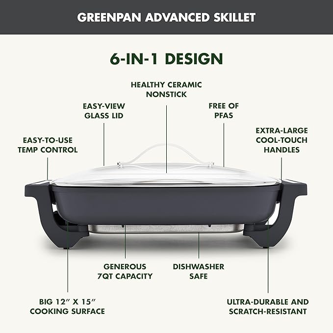 GreenPan Advanced 12” X 15” Electric Skillet with Lid, 7QT Capacity for Family Meals, Healthy Ceramic Nonstick PFAS-Free Coating, Fry, Sauté, Steam, Simmer, Sear, Stir Fry, Dishwasher Safe, Graphite