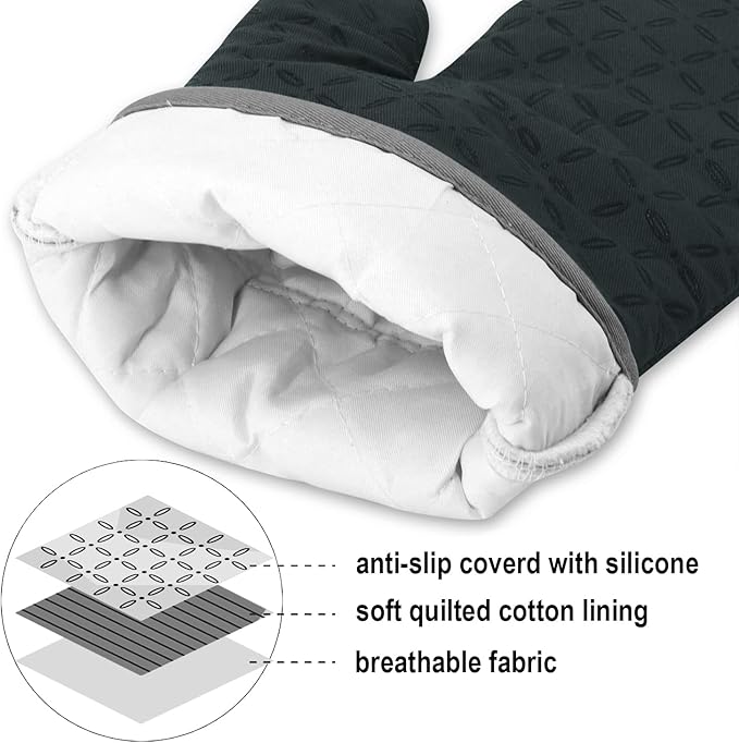 KEGOUU Oven Mitts and Pot Holders 6pcs Set, Kitchen Oven Glove High Heat Resistant 500 Degree Extra Long Oven Mitts and Potholder with Non-Slip Silicone Surface for Cooking (Deep Green)