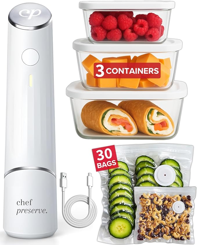 Chef Preserve Compact Vacuum Sealer for Food (Vacuum Sealer Machine + 3 Glass Vacuum Containers + 30 Reusable Vacuum Bags) Powerful Handheld Vacuum Seal Machine, Seal Meal Saver, Portable Food Sealer