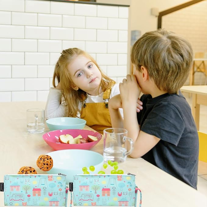 Reusable Sandwich Bag/Snack Bag for Kids & Adults, Dual Layer Lunch Bag with Handle, Washable, Food Safe, BPA Free (2-Pack, Colorful Cat)