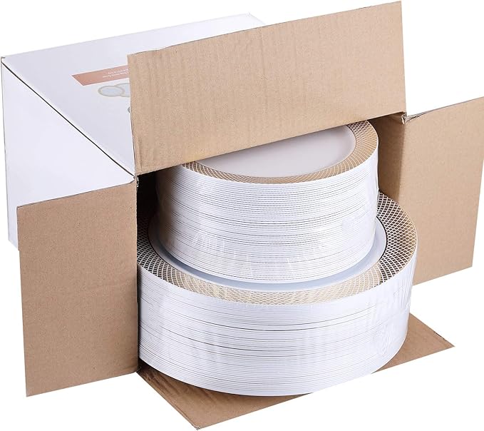 FOCUSLINE Gold Plastic Plates Set of 102, Disposable Plates with Gold Grid Rim 51 Dinner Plates 10" and 51 Salad Dessert Appetizer Plates 7", Elegant Fancy Heavy Duty Wedding Party Plates