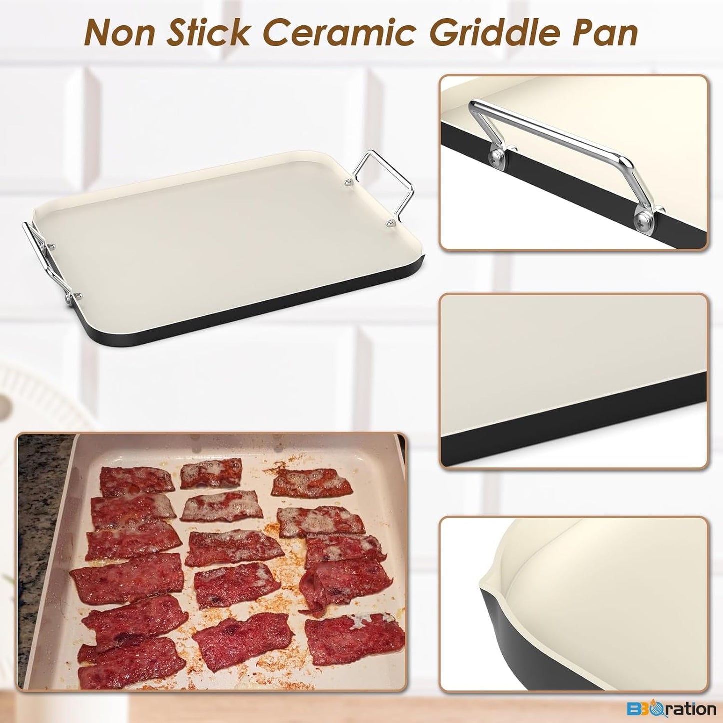 17.7" x 13" Burner Griddle Pan for Stove Top Oven, Stainless Steel Handles, Non Stick Ceramic Griddle Pan Griddle Skillet, PTFE Free PFOA Free, Black