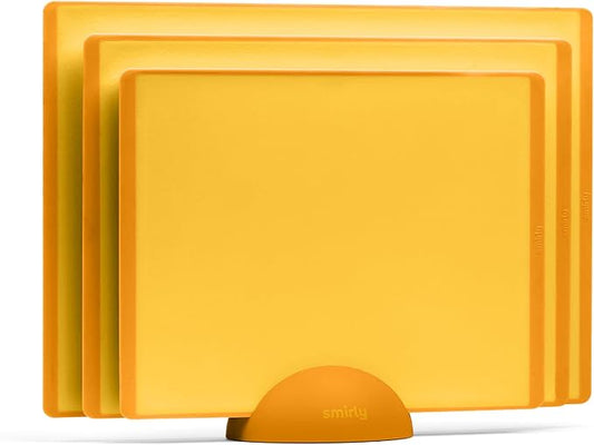SMIRLY Plastic Cutting Board Set with Holder 3 Pieces, Non-Slip Dishwasher Safe Chopping Boards for Kitchen, Yellow