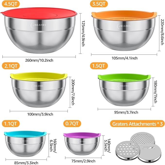 Mixing Bowls with Colorful Airtight Lids, 6 Piece Stainless Steel Metal Bowls with 3 Grater Attachments, Size 4.5, 3.5, 2.1, 1.5, 1.1, 0.7 QT