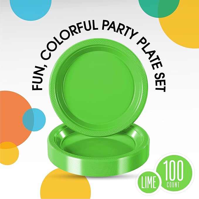 Exquisite Party Solids Lime Green Plastic Plates For Party 7" Lime Green Disposable Plates Heavy Duty Supplies 100 Pcs Plastic Dinnerware Sets Heavy Duty 350 GSM Disposable Dinnerware Set