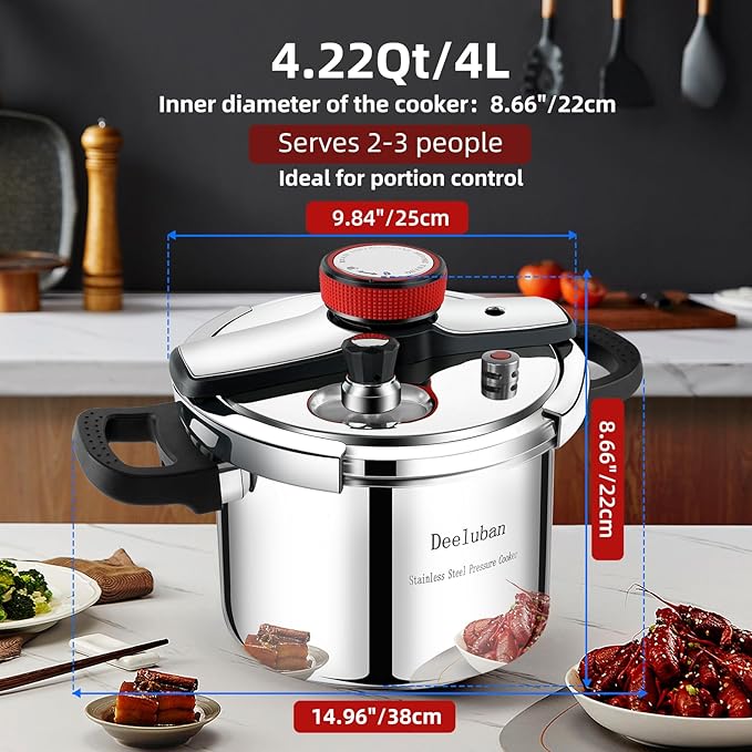 304 Stainless Steel Pressure Cooker 4 QT (4.22 Quart) - Explosion-Proof Safety Lock, One Hand Operation, Fast Cooking, Dishwasher Safe & Induction Compatible Cookware, Deeluban