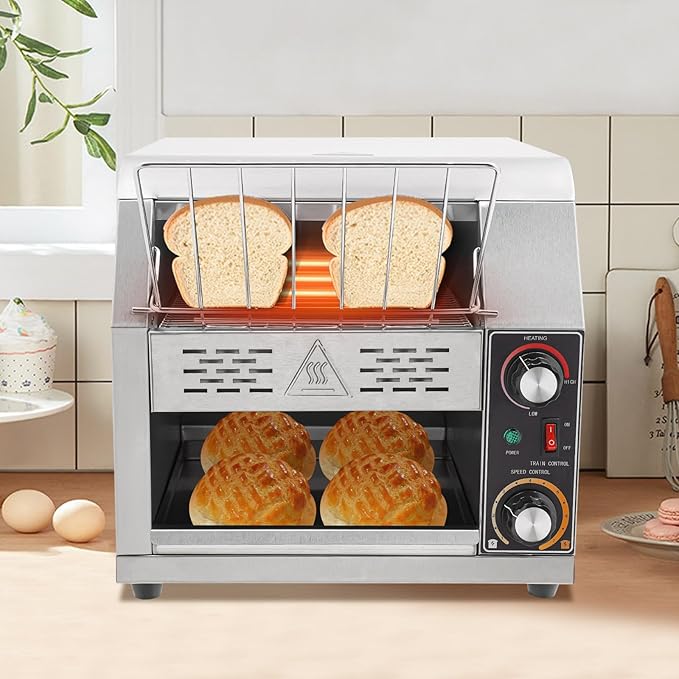 300 Slices/H Commercial Electric Conveyor Toaster Stainless Steel Bread Toaster For Bagel Burgers Bun Baked Food, 1900W Heavy Duty Restaurant Bakery