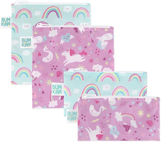 Bumkins - Cloth Snack & Sandwich Bags - For Storage, Travel, Food Prep, Lunch - Reusable, Water Resistant, Washable, Dishwasher Safe - Snack Bags for Kids - Zipper Closure -Unicorns & Rainbows -4 Pack