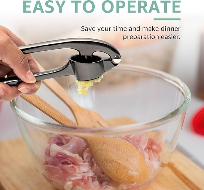 GD Garlic Press Crusher Mincer Tool - Stainless Steel Garlic Press, Dishwasher Safe & Rust Proof, Easy-Squeeze Garlic Crusher with Ergonomic Handle - Includes Silicone Peeler & Brush (Black)