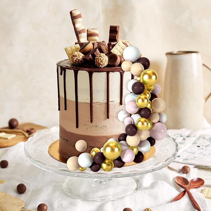 48 Pcs Balls Cake Topper Decorations Balloon Cupcake Toppers Foam Cake Topper Balls for Birthday Party Wedding Cake Decorating(Brown,White,Gold)