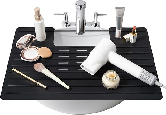 Maplefield Bathroom Sink Cover for Counter Space - 22 x 2 x 2 in Black Silicone - Heat Resistant Sink Cover up to 400°F & Foldable Design for Getting Ready - Makeup Mat with Ridges