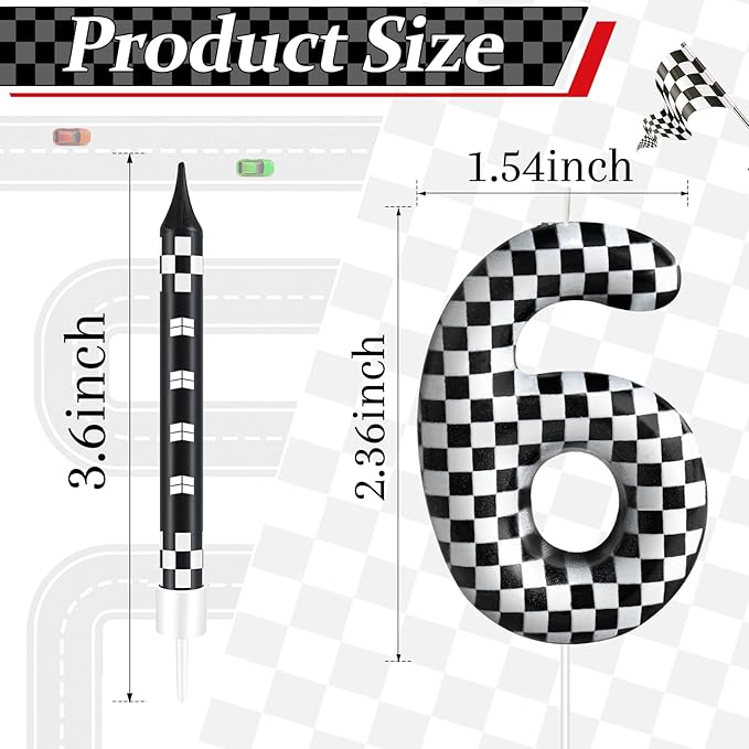 13 Pcs Racing Cars Themed Birthday Candles 12 Black and White Race Number 6 Checkered Candle Cake Topper for Racing Car Party Decoration Supplies (Number 6)