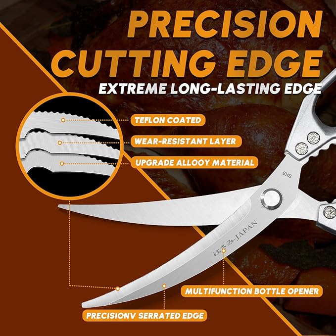HUUSK Kitchen Scissors Silver - Stainless Steel Kitchen Shears for Food, Japanese Cooking Scissor, Sharp Meat Scissors Dishwasher Safe, Heavy Duty Poultry Shears for Chicken Bones, and Turkey