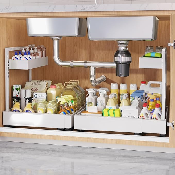 1-Pack L-Shape Expandable Under Sink Organizer with 3 Ball-Bearing Slide Rails,2-Tier Pull-Out Under Cabinet Storage Shelf for Kitchen & Bathroom,Height-Adjustable Slide-Out Cabinet Drawer-White