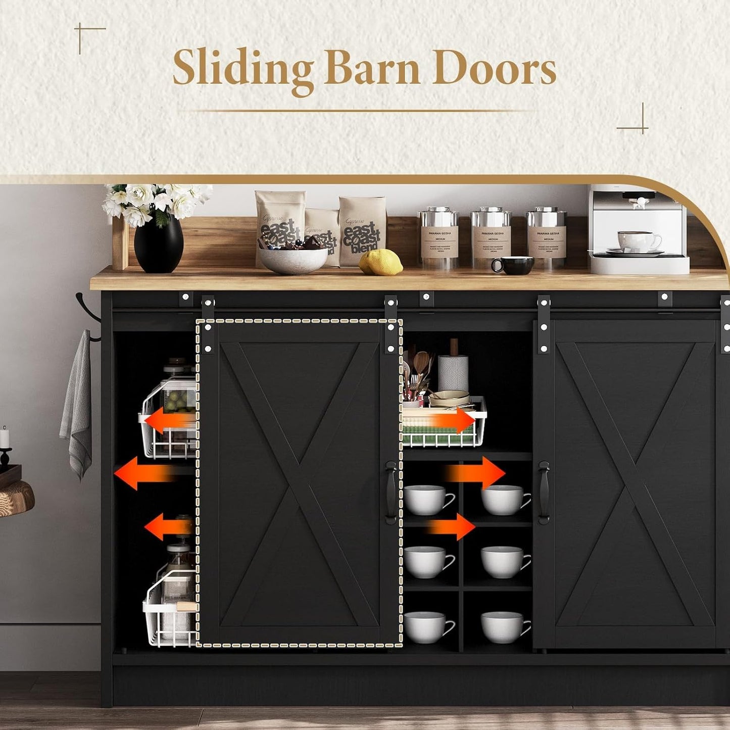 4ever2buy Farmhouse Coffee Bar Cabinet with Storage, 47'' Buffet Cabinet with Hutch and Sliding Barn Door, Coffee Bar with 9 Wine Racks and 6 Hooks for Dining Room, Living Room, Black