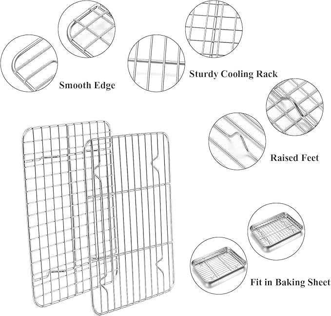 Baking Sheet with Rack Set, Yododo Set of 4 (2 Sheets + 2 Racks), Stainless Steel Cookie Sheet Baking Pan Tray with Cooling Rack, Non Toxic & Heavy Duty & Easy Clean - Size of 10 inch