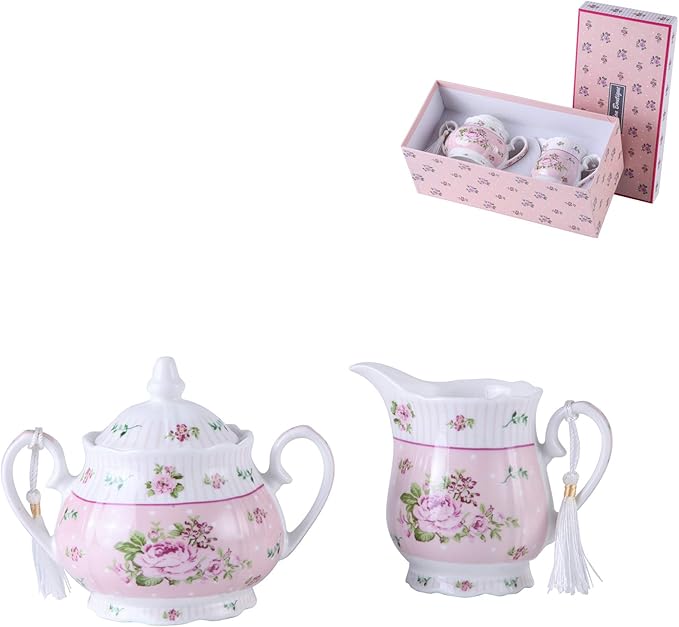 London Boutique Porcelain Teapot Sugar Bowl and Cream Milk Jug Shabby Chic Vintage Floral in Gift box 40oz (Cream & Sugar Set Rose Pink)