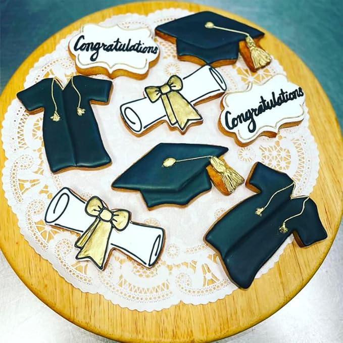 Graduation Cookie Cutters 6Pcs, Cap Gown Diploma Frame Medallion Shapes Cookie Cutter Mold, 304 Stainless Steel Biscuit Dough Fondant Cutters for Celebration Kitchen Baking