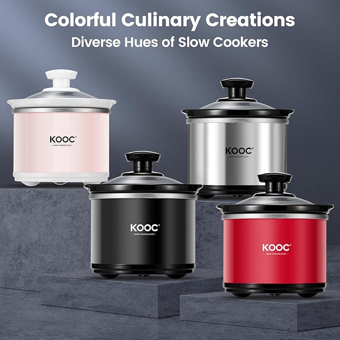 KOOC Small Slow Cooker, 0.65-Quart, Free Liners Included for Easy Clean-up, Upgraded Ceramic Pot, Nutrient Loss Reduction, Stainless Steel, Silver, Round
