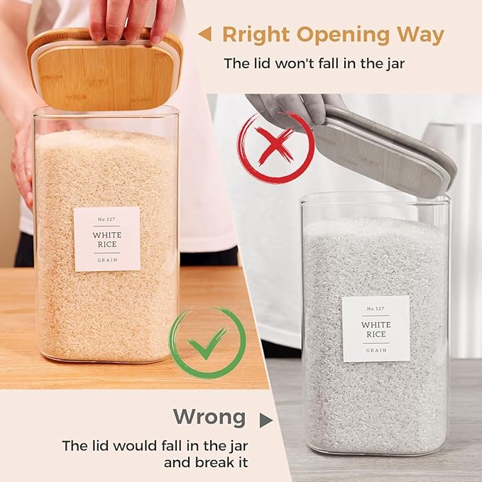2 Pack Square Glass Flour and Sugar Containers with 132 Kitchen Pantry Labels - Thicken 149 FL OZ Large Glass Storage Jars with Airtight Bamboo Lid - Big Food Canisters for Rice, Pasta, Cookie