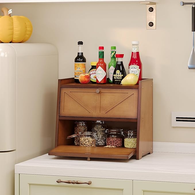 Vintage Double Layer Bread Box for Kitchen Counter Bamboo Bread Storage Container Large Capacity Bread Storage Bin