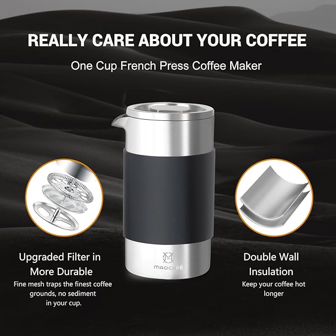 French Press Coffee Maker Set, Portable French Press with Mini Coffee Canister and Collection Bag, Single Serve 1 Cup Small Stainless Steel Double Walled Coffee Press 350ml/12oz
