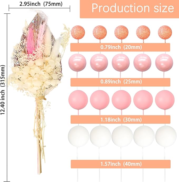 Gyufise 21 Pack Flower Boho Cake Topper Ball Cake Decorations Palm Leaves Plants Cake Decor for Girl Bohemian Princess Theme Wedding Baby Shower Birthday Party Supplies Pink White