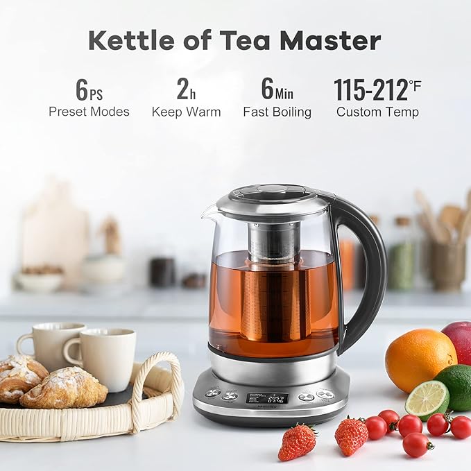 Mecity Electric Tea Kettle Borosilicate Glass Tea Maker With Temperature Control and Infuser - LCD Display and Preset Brewing Programs - 1.7 Liter Water Boiler