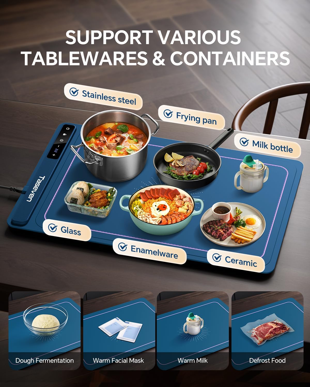 Food Warming Mat, Silicone Heating Tray with 7 Temperature Settings, Quick Full Surface Heating Pad, Thermochromic Line, Kids Lock, Food Warmers for Parties