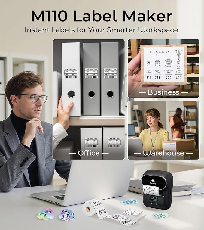 Phomemo M110 Label Maker - M110 Barcode Label Printer Portable Bluetooth Maker Machine with Tape for Name Labels, Small Business, Address, Logo, Clothing Price Tag, Mailing, with 40x30mm Label, Black