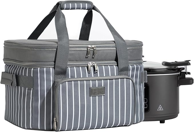 Fun Elements Double Layer Slow Cooker Carrier Bag for 6-8 Quart Oval Crock-Pot, Insulated Crock Pot Travel Bag with Support Pad and Adjustable Straps, Top Zip Compartment and Front Pocket for Utensils