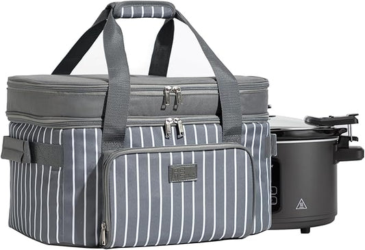 Fun Elements Double Layer Slow Cooker Carrier Bag for 6-8 Quart Oval Crock-Pot, Insulated Crock Pot Travel Bag with Support Pad and Adjustable Straps, Top Zip Compartment and Front Pocket for Utensils