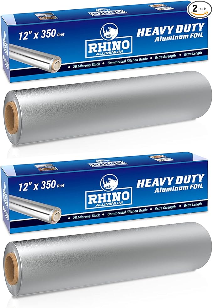 Rhino Aluminum Heavy Duty Aluminum Foil - 12 x 350 sf Long Roll, 25 Microns Thick Foil Heavy Duty Commercial Grade & Extra Thick, Strong Enough for Food Service Industry (Pack of 2)