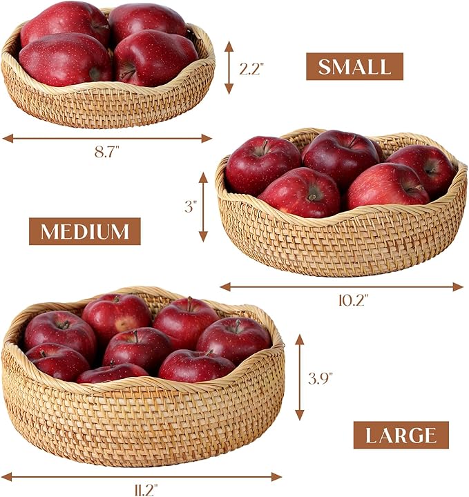 Rattan Bread Basket, Round Fruit Baskets, Scalloped Wicker Storage Bowls, Natural Woven Serving Basket Bowls, Decorative Baskets for Kitchen Counter Organizing, Gift Basket, 1 Pack, S Size