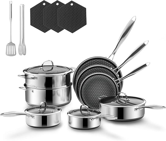 Stainless Steel Cookware Set, 17 Pcs Hybrid Pots and Pans Set Non Stick, Kitchen Frying Pans, Saucepans & Stock Pot with Glass Lid, Dishwasher-Safe, Induction Compatible, Non-Toxic