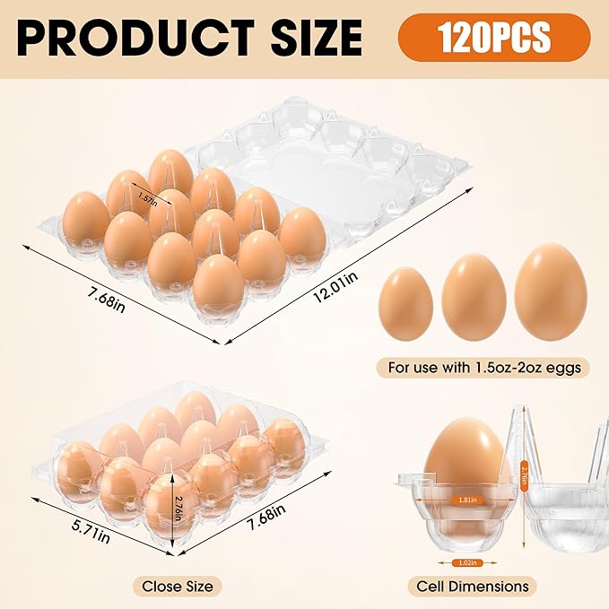 120 Pack Egg Cartons Cheap Bulk, 12 Count Clear Empty Egg Cartons for Fresh Chicken Eggs, 3x4 Grids Reusable Egg Holder Trays for Refrigerator Use, Chicken Farming, Family Storage and Market Purpose