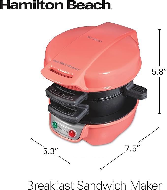 Hamilton Beach Breakfast Sandwich Maker with Egg Cooker Ring, Customize Ingredients, Perfect for English Muffins, Croissants, Mini Waffles, Perfect White Elephant Gifts, Coral (25483)