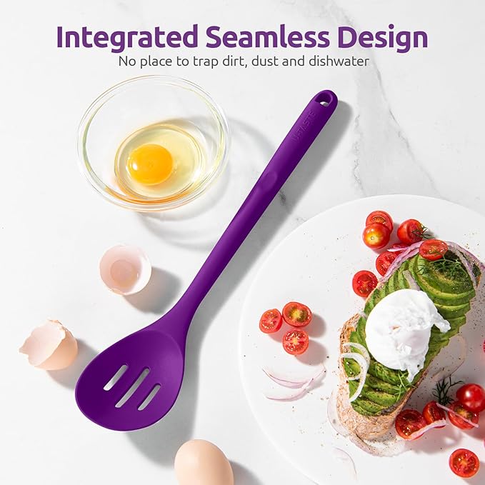 600ºF Heat Resistant Slotted Spoon: U-Taste 13.3in Solid Kitchen Cooking Spoon, Nonstick Food Grade Large & Long Rubber Utensil for Mixing, Serving, Stirring, Basting, Frying, Draining (Purple)