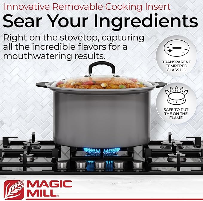 Magic Mill Slow Cooker 10 Quart | Extra Large Non-Stick Metal Searing Pot & Transparent Tempered Glass Lid Multipurpose Lightweight Slow Cookers, Pot is Safe to Put the On the Flame, Dishwasher Safe